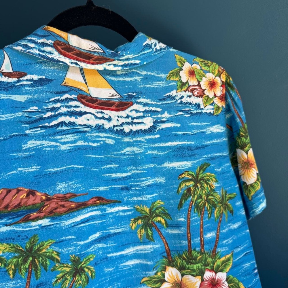 Vintage Hawaiian Shirt Women's Size Medium Gloria Vanderbilt Blue Palm Tree - Picture 5 of 8